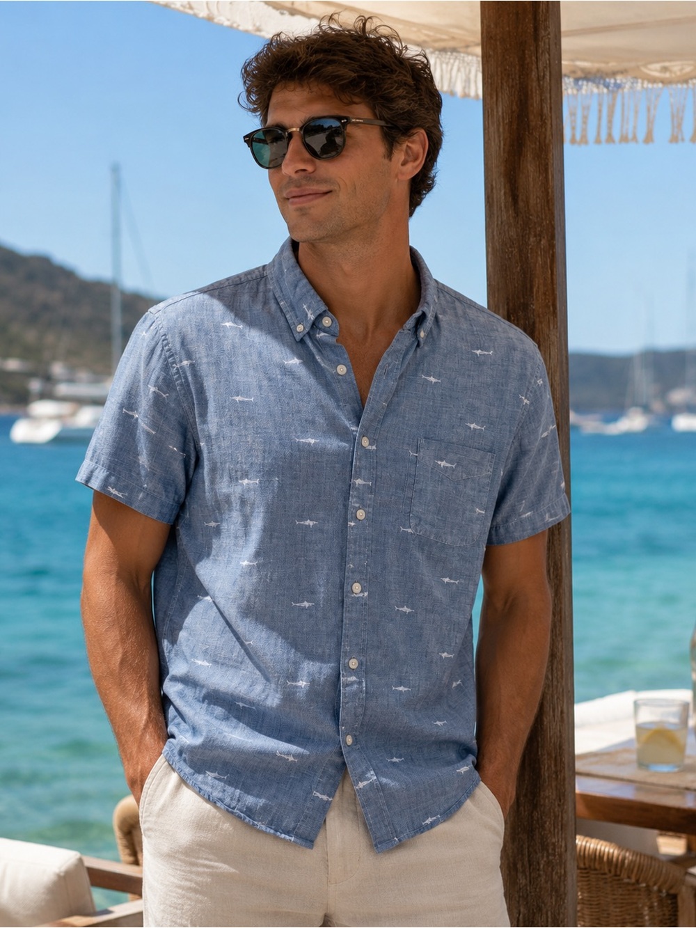 Bonobos Slim Fit Blue Shark Print Button Down Vacation Shirt Size M
